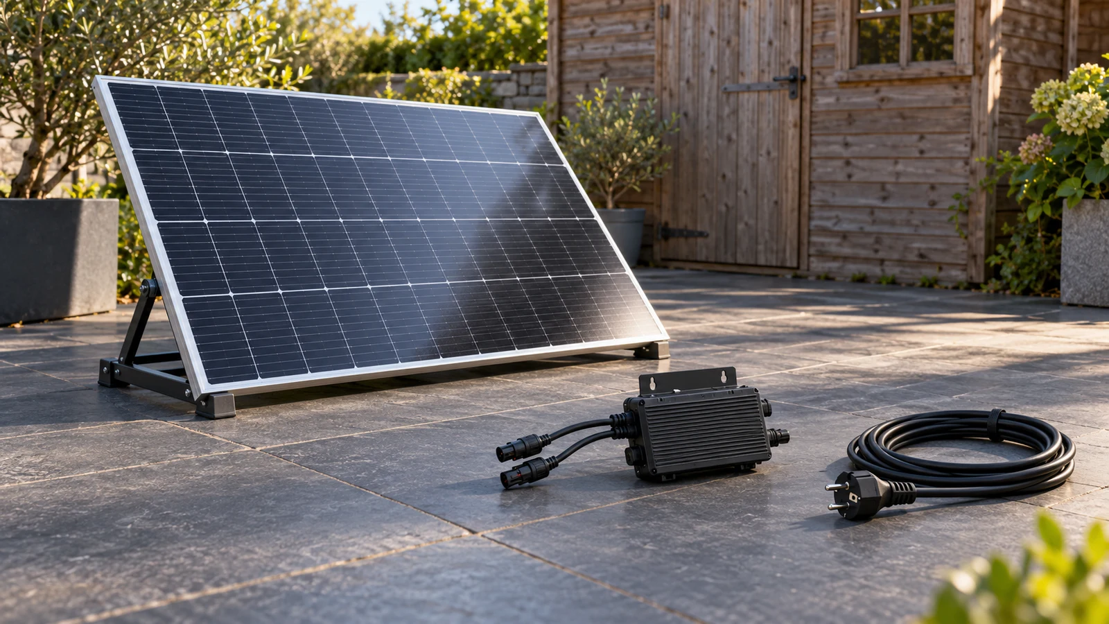 Panneau solaire et accessoires d’un kit plug and play sur une terrasse, avant leur installation.