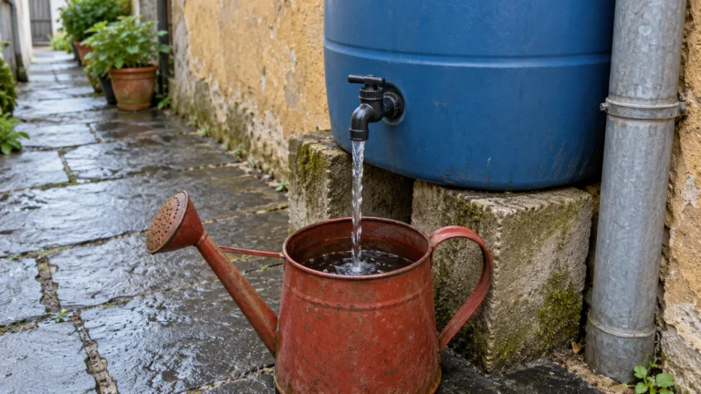 Arrosoir sous le robinet bas d’un récupérateur d’eau de pluie, sans pompe visible.