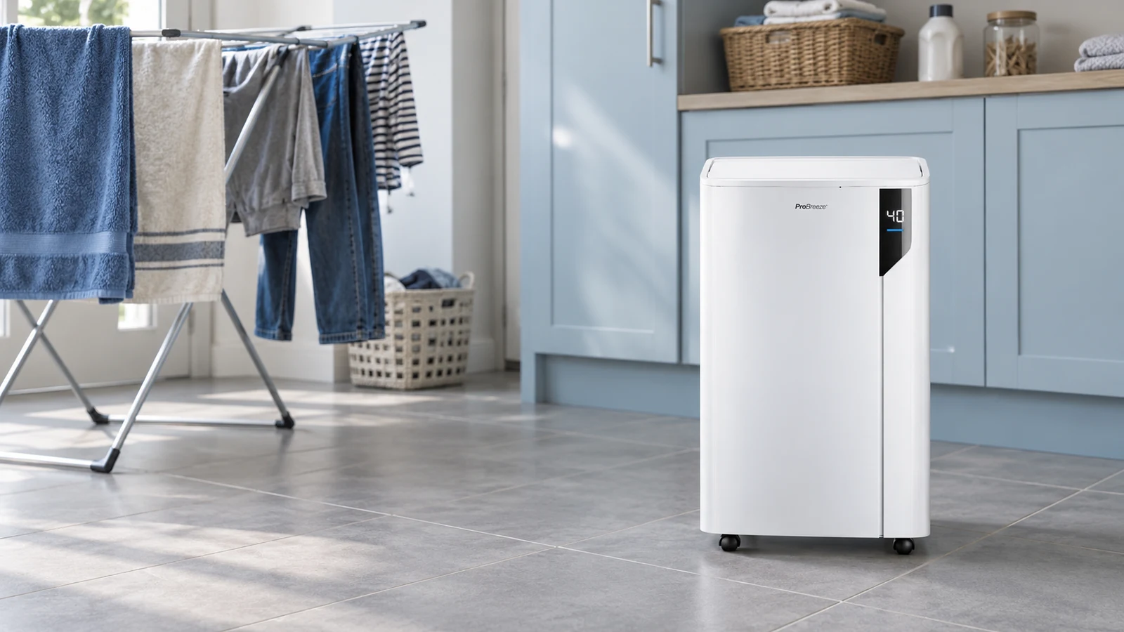Déshumidificateur Pro Breeze PB-D-23 installé dans une buanderie près d’un étendoir.
