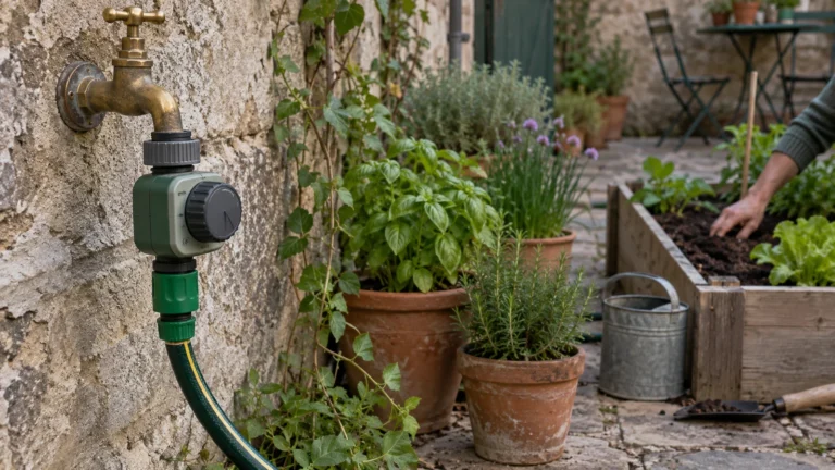 Programmateur d’arrosage fixé à un robinet de jardin : régler l’heure ne remplace pas la vérification de la terre.