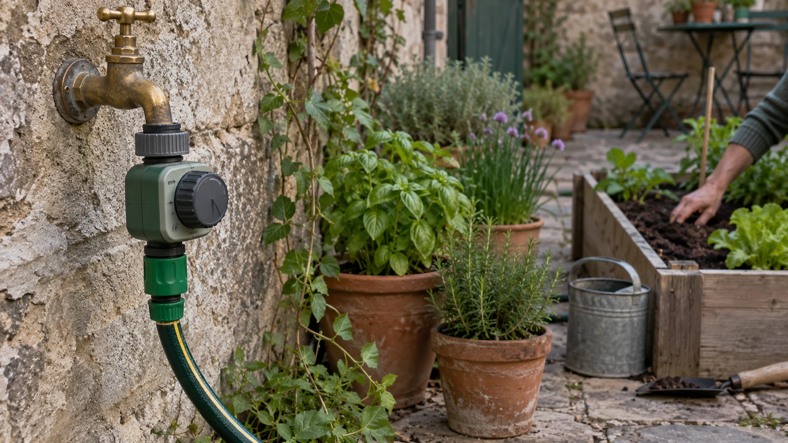Programmateur d’arrosage fixé à un robinet de jardin : régler l’heure ne remplace pas la vérification de la terre.