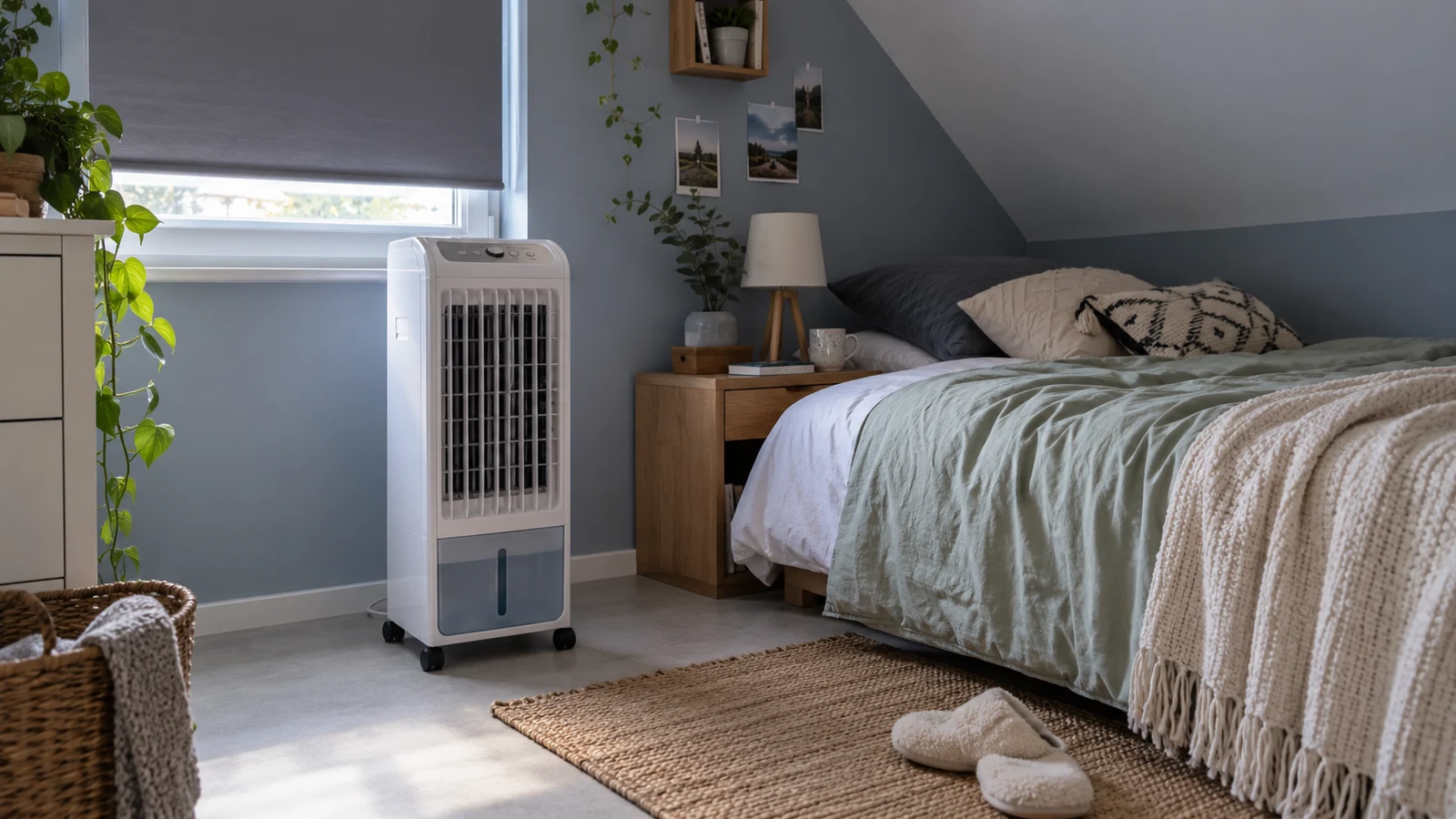 Rafraîchisseur d’air dans une chambre sous les combles : un souffle plus agréable à proximité si l’air est plutôt sec.