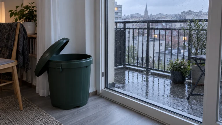 Récupérateur d’eau de pluie non installé près d’un balcon : vérifier charge et autorisations avant la pose.