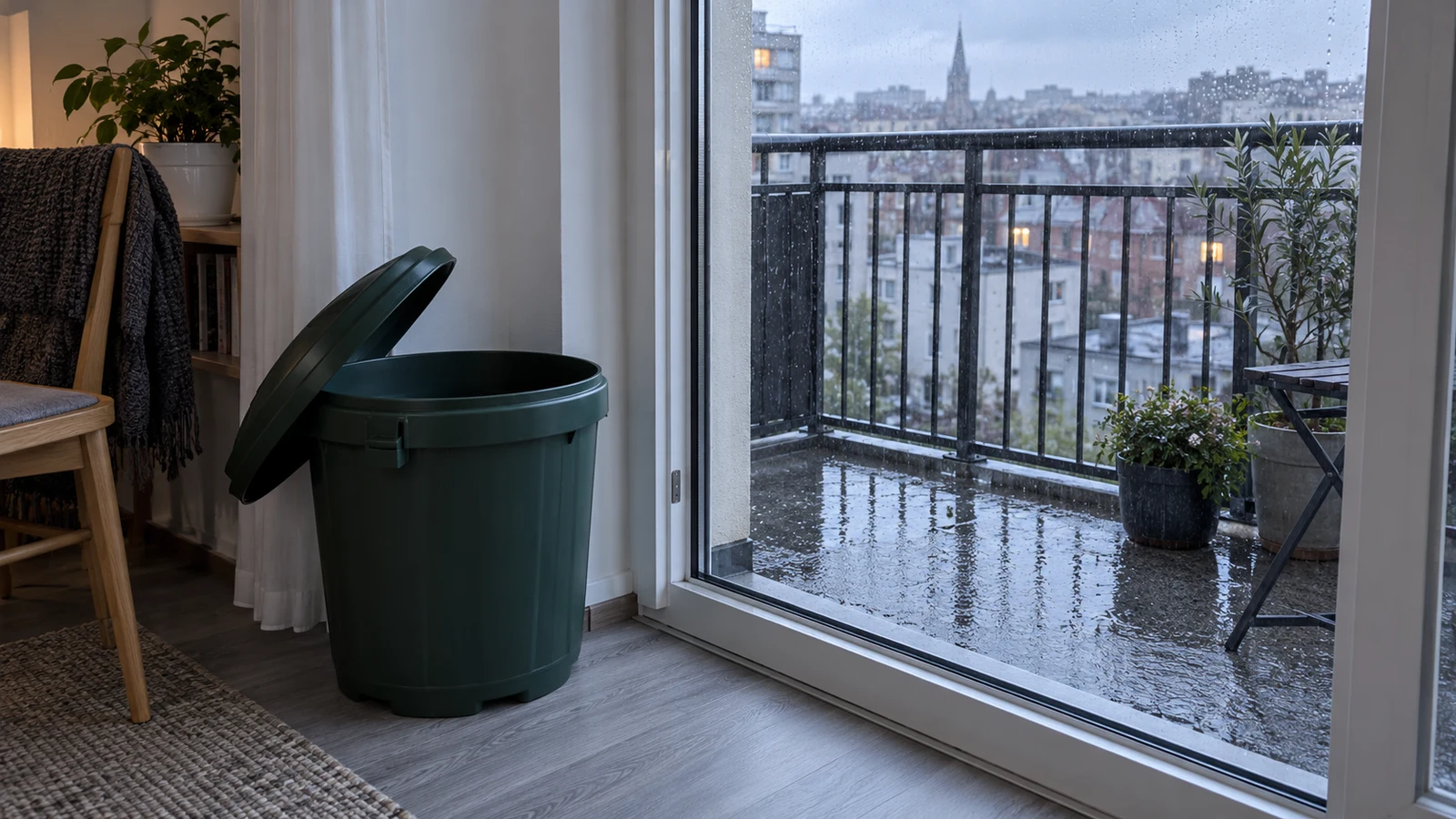 Récupérateur d’eau de pluie non installé près d’un balcon : vérifier charge et autorisations avant la pose.