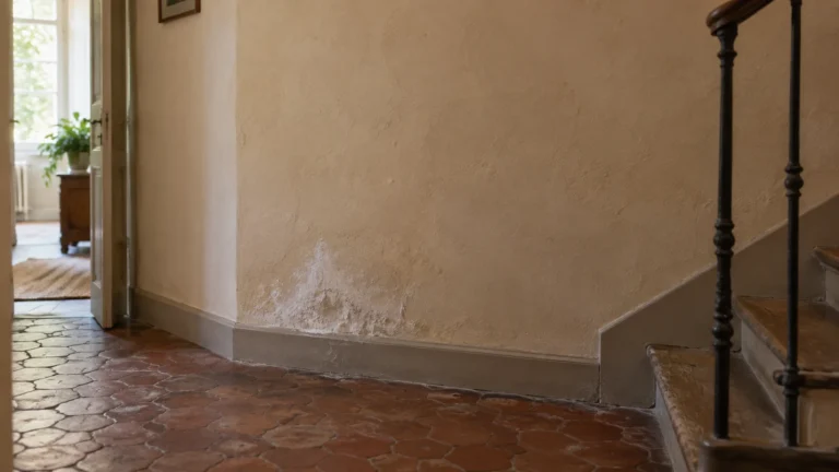 Trace blanche sur un mur enduit : un traitement contre le salpêtre ne se choisit pas sur l’aspect du dépôt.