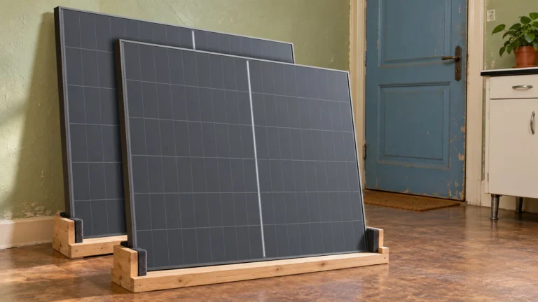 Deux panneaux solaires Sirius SI-2KIT410 présentés avant la pose pour un projet solaire au sol.