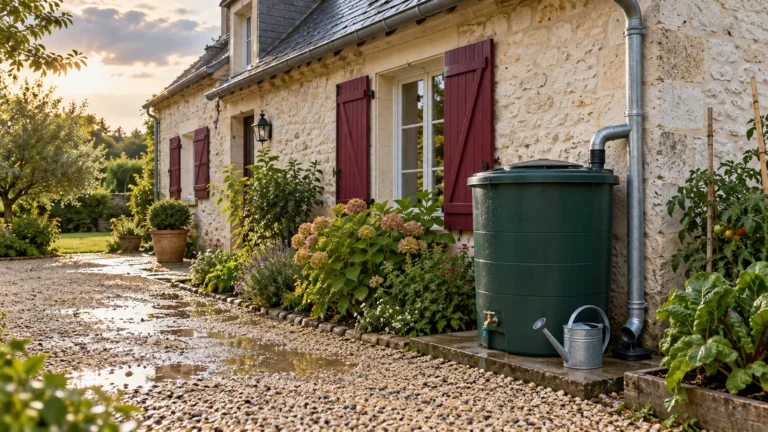Cuve fermée et arrosoir près d’une maison, un point de départ pour utiliser l’eau de pluie au jardin.