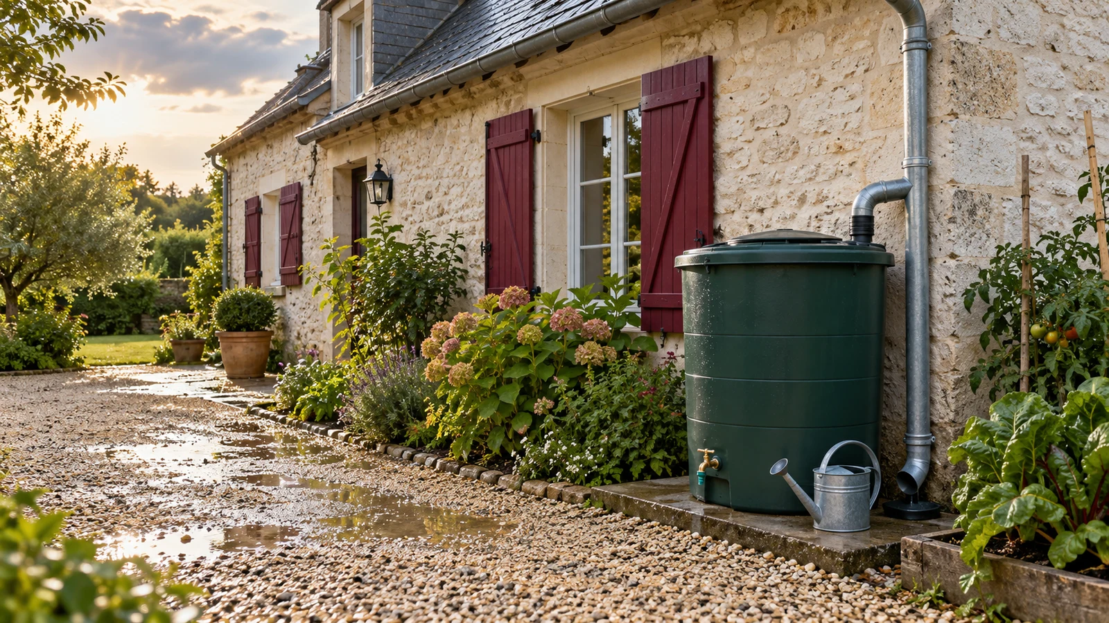 Cuve fermée et arrosoir près d’une maison, un point de départ pour utiliser l’eau de pluie au jardin.
