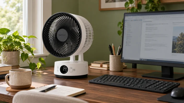 Ventilateur de bureau près d’un ordinateur, présenté pour choisir un modèle silencieux adapté au travail.