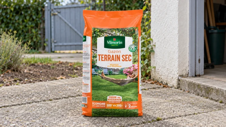 Sac Vilmorin Terrain Sec 5 kg fermé sur un parvis, une alternative avant semis si la surface à regarnir justifie ce format.